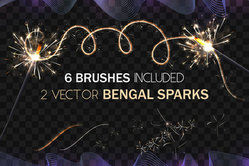 VECTOR eps 10. GLOWING Bengal Sparks. Sparkling bengal fire. Stars, glowing realistic light effects. Shining sparks
