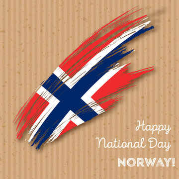 Norway Independence Day Patriotic Design. Expressive Brush Stroke in National Flag Colors on kraft paper background. Happy Independence Day Norway Vector Greeting Card.