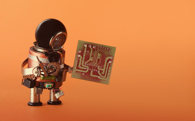 Computer upgrade automation concept. Robot with abstract circuit chip. retro style toy cyborg,...