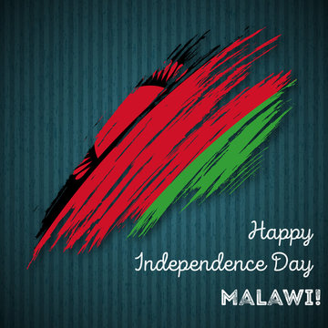 Malawi Independence Day Patriotic Design. Expressive Brush Stroke in National Flag Colors on dark striped background. Happy Independence Day Malawi Vector Greeting Card.