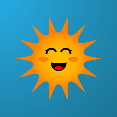 Icono plano sol con risa kawaii en fondo azul