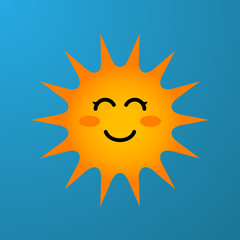 Icono plano sol con sonrisa kawaii en fondo azul