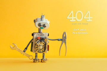 404 error page not found concept. Don't panic I'm a mechanic. Hand wrench pliers robot handyman on...