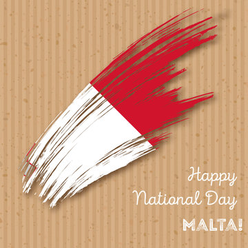 Malta Independence Day Patriotic Design. Expressive Brush Stroke in National Flag Colors on kraft paper background. Happy Independence Day Malta Vector Greeting Card.