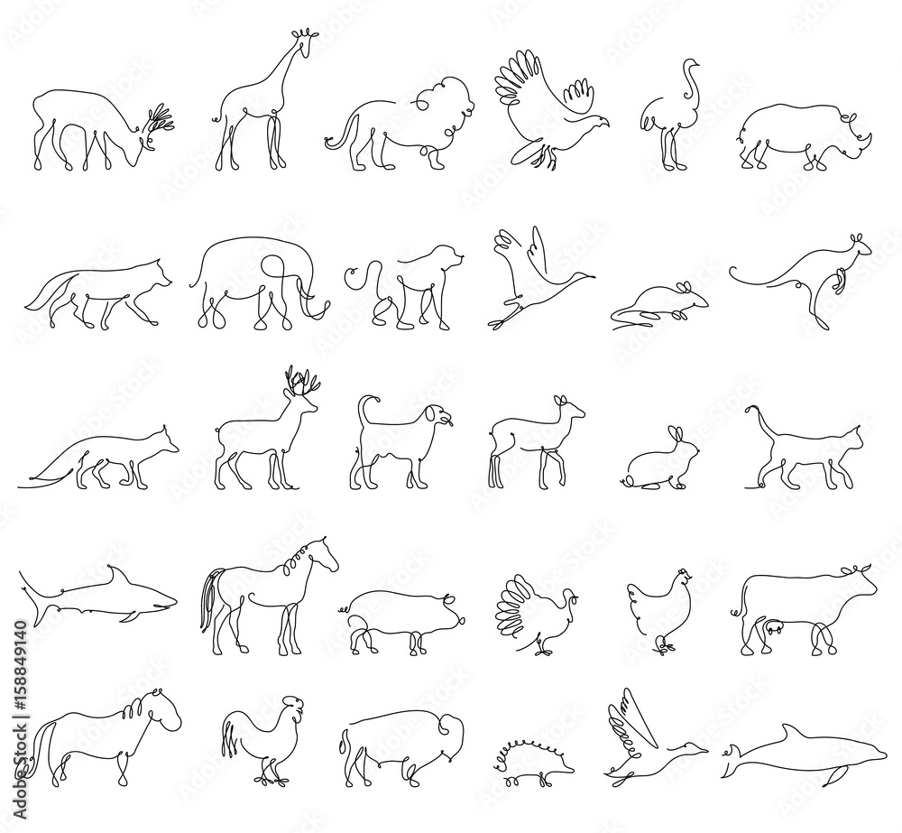 Wall mural One line animals set, logos. vector stock illustration. Turkey and cow, pig and eagle, giraffe and horse, dog and cat, fox and wolf, dolphin and shark, deer and elephant, stork and chicken.