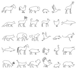 One line animals set, logos. vector stock illustration. Turkey and cow, pig and eagle, giraffe and horse, dog and cat, fox and wolf, dolphin and shark, deer and elephant, stork and chicken.
