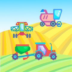 Agricultural machines. Combine harvester, tractor and seeding machines.