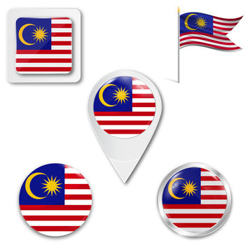 Set of icons of the national flag of Malaysia in different designs on a white background. Realistic vector illustration. Button, pointer and checkbox.
