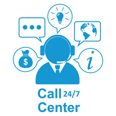 Call center operator in abstract style. Figure of businessman in headset. Bubbles with question, information, bag of money, idea, worldwide. Call center logo 24/7. Flat style icon. Vector illustration