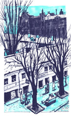 Hand drawn City Sketch for your design. Over view artistic picture of Odessa. Ukraine