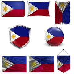Set of the national flag of Philippines in different designs on a white background. Realistic vector illustration.