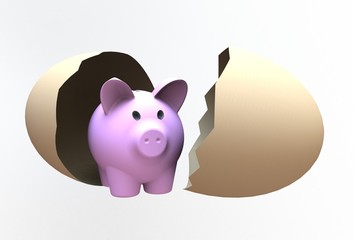 Piggy bank in egg isolated on white background, 3D rendering