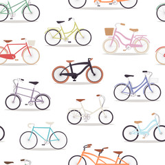 Fototapeta premium Collection of vector realistic bicycles vintage style old bike seamless pattern background transport illustration