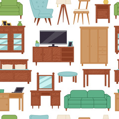 Furniture interior home design modern living room house seamless pattern background vector illustration