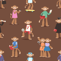 Obraz na płótnie Canvas Monkey like people cartoon characters animal ape funny seamless pattern background vector illustration
