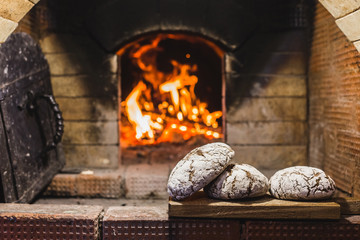 Delicious freshly baked bread in the background the oven and the coals in fire