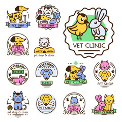 Pet badge vector graphic sticker set domestic insignia cat dog veterinary animal sticker illustration