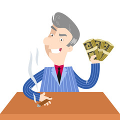 Shady cartoon boss holding dollar bills sitting at desk 