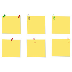 Yellow sticky note papers set with pins and clips. Paper sheet for reminder and memo. Vector illustration