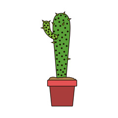 white background with cactus with small branch in pot with thick contour vector illustration