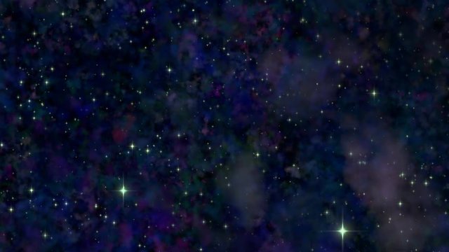 Flying through realistic scattered nebula cloud with stars. Blue, purple and pinkish colors. Thin clouds and more open space. Generated and animated in Blender software.