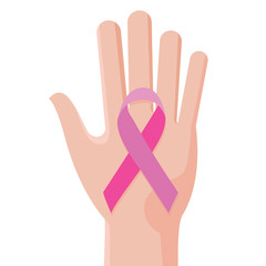 Obraz premium pink satin ribbon, breast cancer awareness symbol, over open hand palm, pink satin ribbon, breast cancer cancer awareness sign in human hand