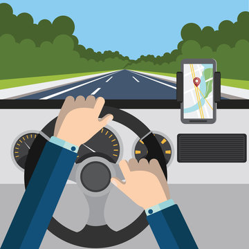 Flat modern vector illustration mobile gps app on the mobile phone with map, pointer and driver hands on the steering wheel of the car