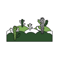 color sections silhouette of desert landscape with cactus and thick contour vector illustration