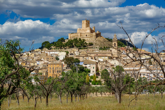Biar castle at top of hill and town, Alicante, Spain