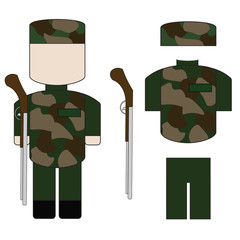 A set of military clothing uniforms and weapons
