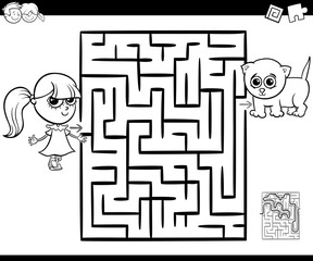 maze with girl and cat for coloring