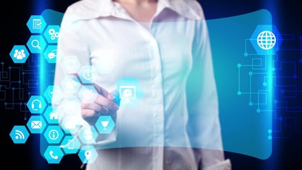 Businesswoman works on a holographic screen. The concept of marketing. Future technologies - Powered by Adobe