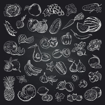 Fruits and vegetables illustrations. Health food doodle pictures on the black background. Vector set