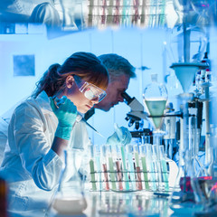 Health care researchers working in life science laboratory. Young female research scientist and senior male supervisor preparing and analyzing microscope slides in research lab. © kasto