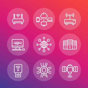 network, internet data technology line icons set, server, usb modem, router, cloud computing