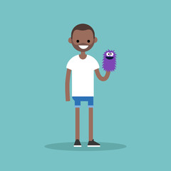 Young character playing with a hand puppet / flat editable vector illustration, clip art