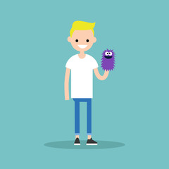 Young character playing with a hand puppet / flat editable vector illustration, clip art