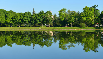 Fototapeta na wymiar Novodevichy Pond in Moscow, Russia. Mirror reflection