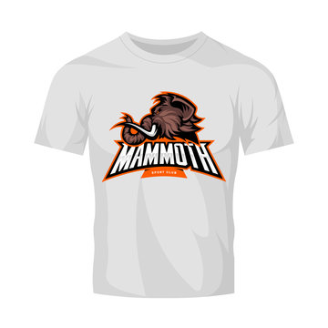 Furious woolly mammoth head sport vector logo concept isolated on white t-shirt mock up. 
Modern professional mascot team badge design. Premium quality wild animal tee print illustration.