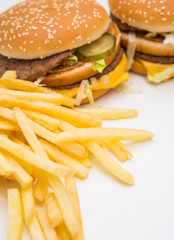 Burger, french fries, fast food on isolated background