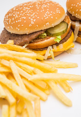 Burger, french fries, fast food on isolated background