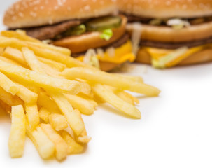 Burger, french fries, fast food on isolated background