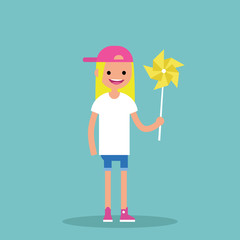 Young happy female character holding a toy windmill / flat editable vector illustration, clip art