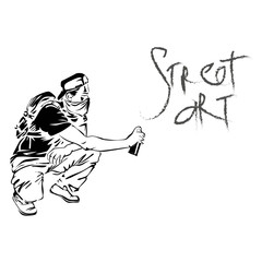 Graffiti guy makes street art on wall. Background for flayer, web banner, print.