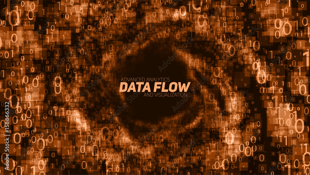 Poster vector abstract big data visualization. orange glowing data flow as binary numbers. computer code re