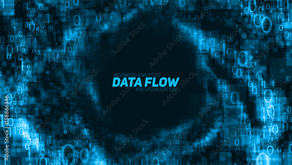 Poster vector abstract big data visualization. blue glowing data flow as binary numbers. computer code repr