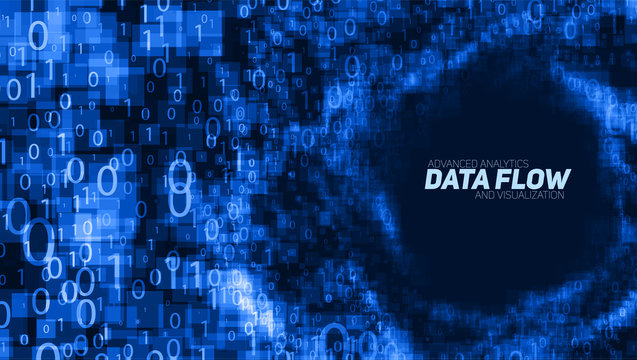 Vector abstract big data visualization. Blue glowing data flow as binary numbers. Computer code representation. Cryptographic analysis, hacking. Bitcoin, blockchain transfer. Pattern of program code
