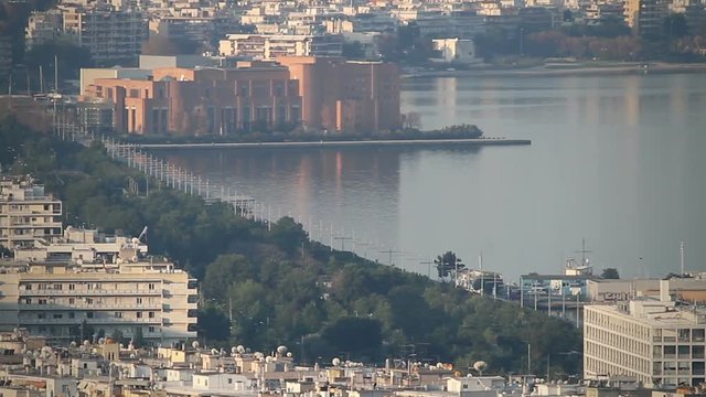 Rare Aerial view of Thessaloniki, Nea Paralia with Concert Hall , Greece
