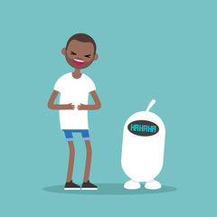young black man and cute robot laughing out loud / flat vector editable illustration