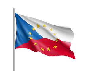 Czech Republic national waving flag with a circle of European Union twelve gold stars, identity and unity with EU, member since 1 May 2004. Realistic vector illustration